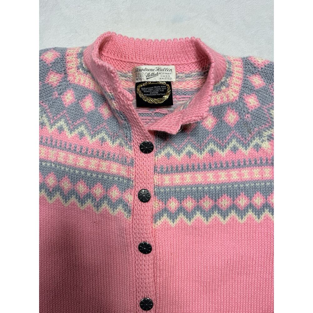 Brodrene Hallen Pink Norwegian Wool Fair Isle Cardigan Pewter Buttons Sm Library